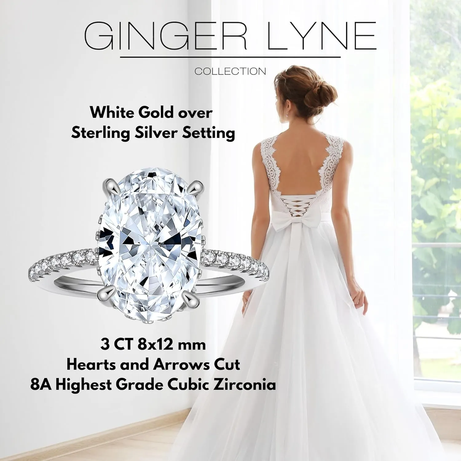 3 Carat Oval Engagement Rings for Women by Ginger Lyne | Cubic Zirconia Wedding Rings for Women Sterling Silver White Gold | Large Fake Diamond Engagement | Travel CZ Simulated Promise or Bridal