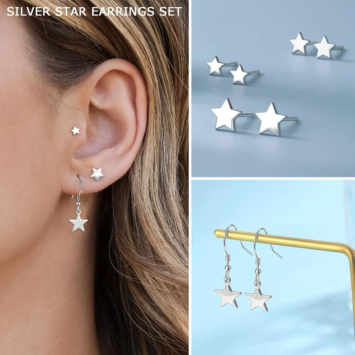 3 Pairs 925 Sterling Silver Star Stud Earrings for Women,Tiny Simple Geometric Stud Earrings Set Small Hypoallergenic Cartilage Tragus Ear Jewellery for Men (3/4/5mm)
