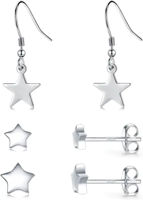 3 Pairs 925 Sterling Silver Star Stud Earrings for Women,Tiny Simple Geometric Stud Earrings Set Small Hypoallergenic Cartilage Tragus Ear Jewellery for Men (3/4/5mm)
