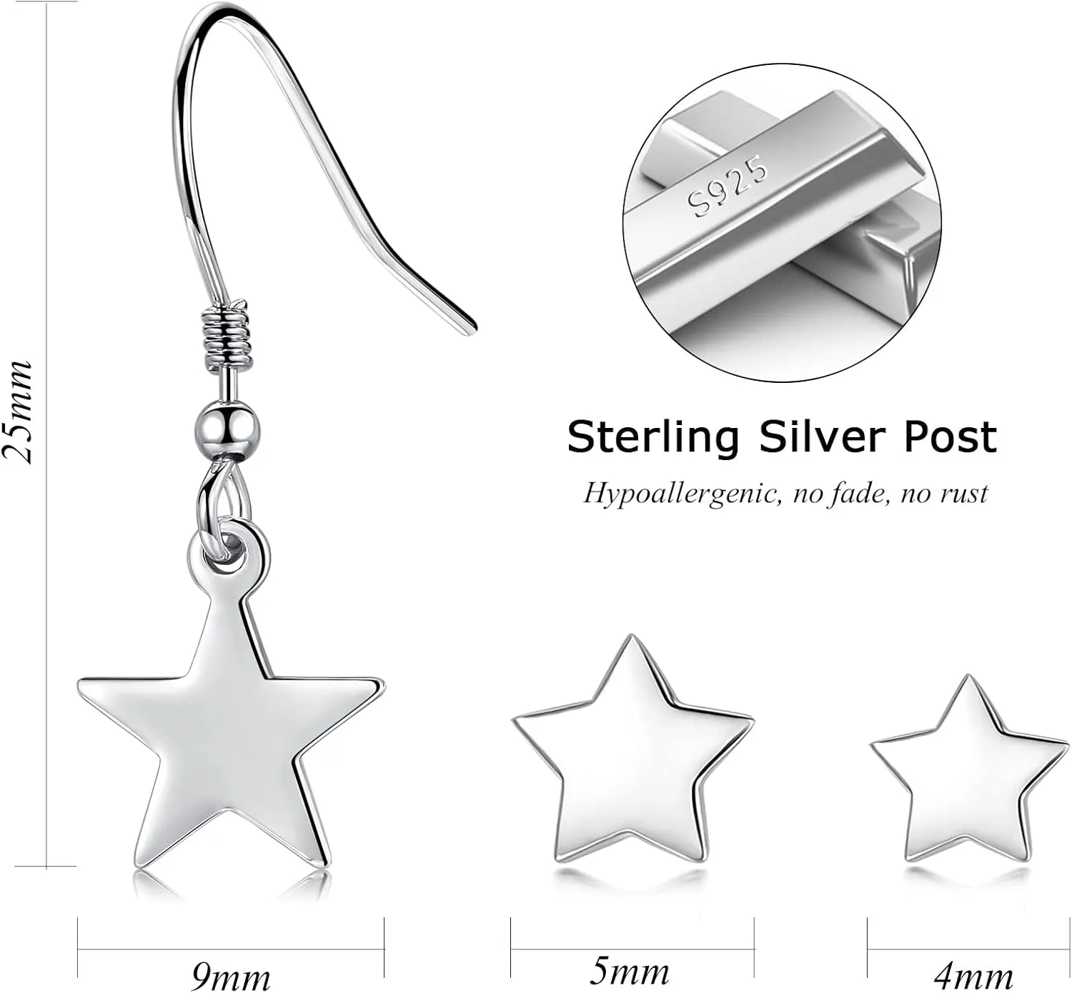 3 Pairs 925 Sterling Silver Star Stud Earrings for Women,Tiny Simple Geometric Stud Earrings Set Small Hypoallergenic Cartilage Tragus Ear Jewellery for Men (3/4/5mm)