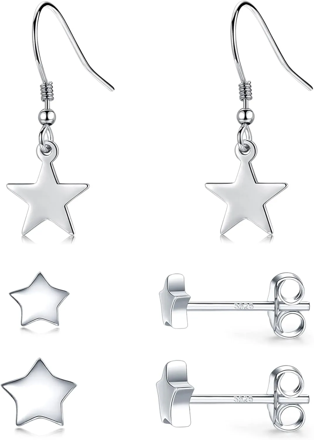 3 Pairs 925 Sterling Silver Star Stud Earrings for Women,Tiny Simple Geometric Stud Earrings Set Small Hypoallergenic Cartilage Tragus Ear Jewellery for Men (3/4/5mm)