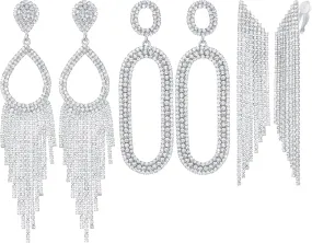 3 Pairs Gold/Silver Clip on Earrings Set for Women Stunning Rhinestone Chandelier Teardrop Long Tassels Crystal Drop Dangling Clip-on Earrings Hypoallergenic for Wedding Bride Prom Party