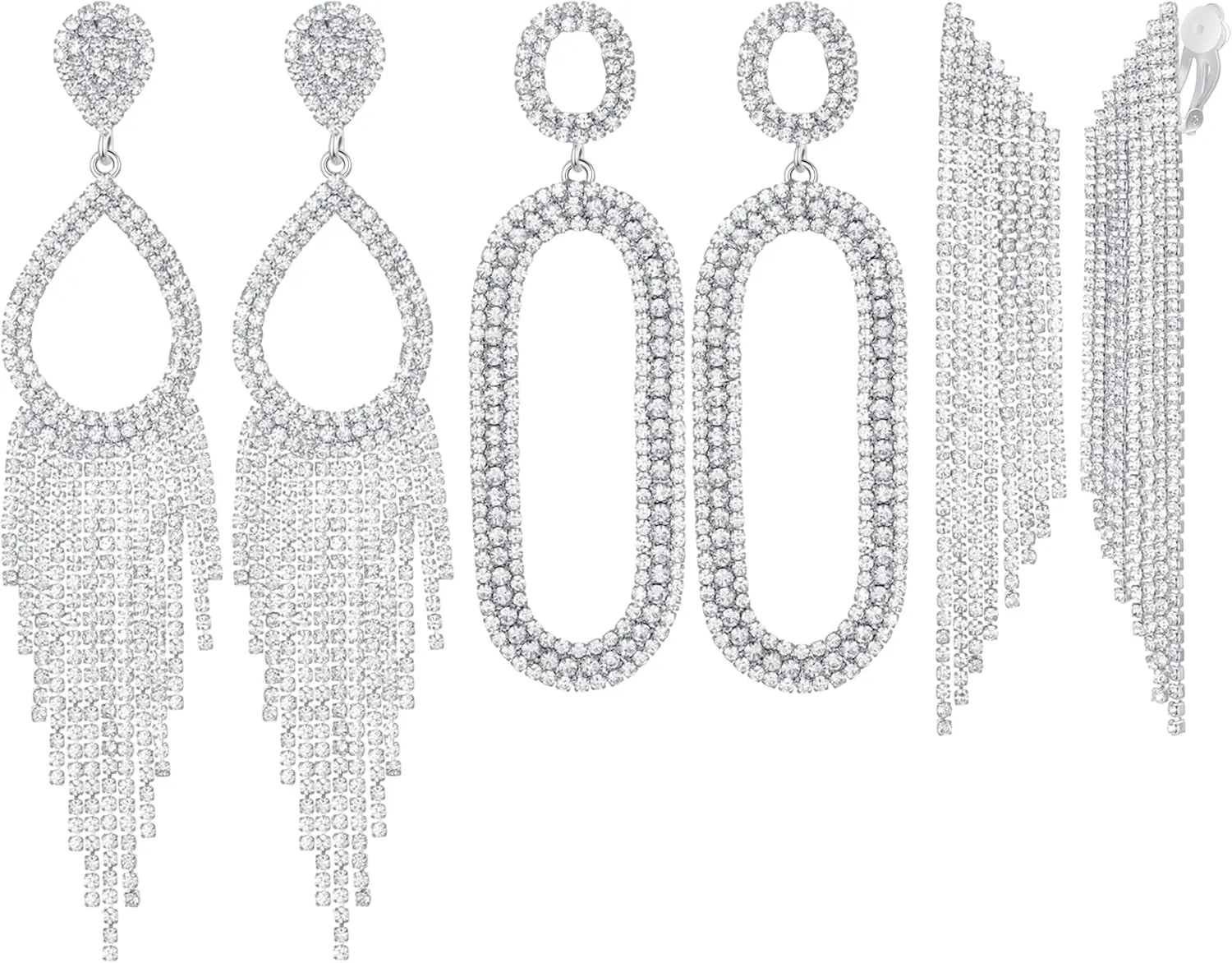 3 Pairs Gold/Silver Clip on Earrings Set for Women Stunning Rhinestone Chandelier Teardrop Long Tassels Crystal Drop Dangling Clip-on Earrings Hypoallergenic for Wedding Bride Prom Party