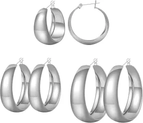 3 Pairs Stainless Steel Big Hoop Earrings for Women Chunky Hoop Earrings for Women Large Silver Hoop Earrings for Women
