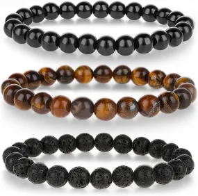 3 Pcs Men Beaded Wrist Bracelet Set Elastic 8mm Bead Lava Rock Eye Mens Beaded Bracelets Jewelry Stretch Stone Black Crystal Round Bead for Men Women Gift