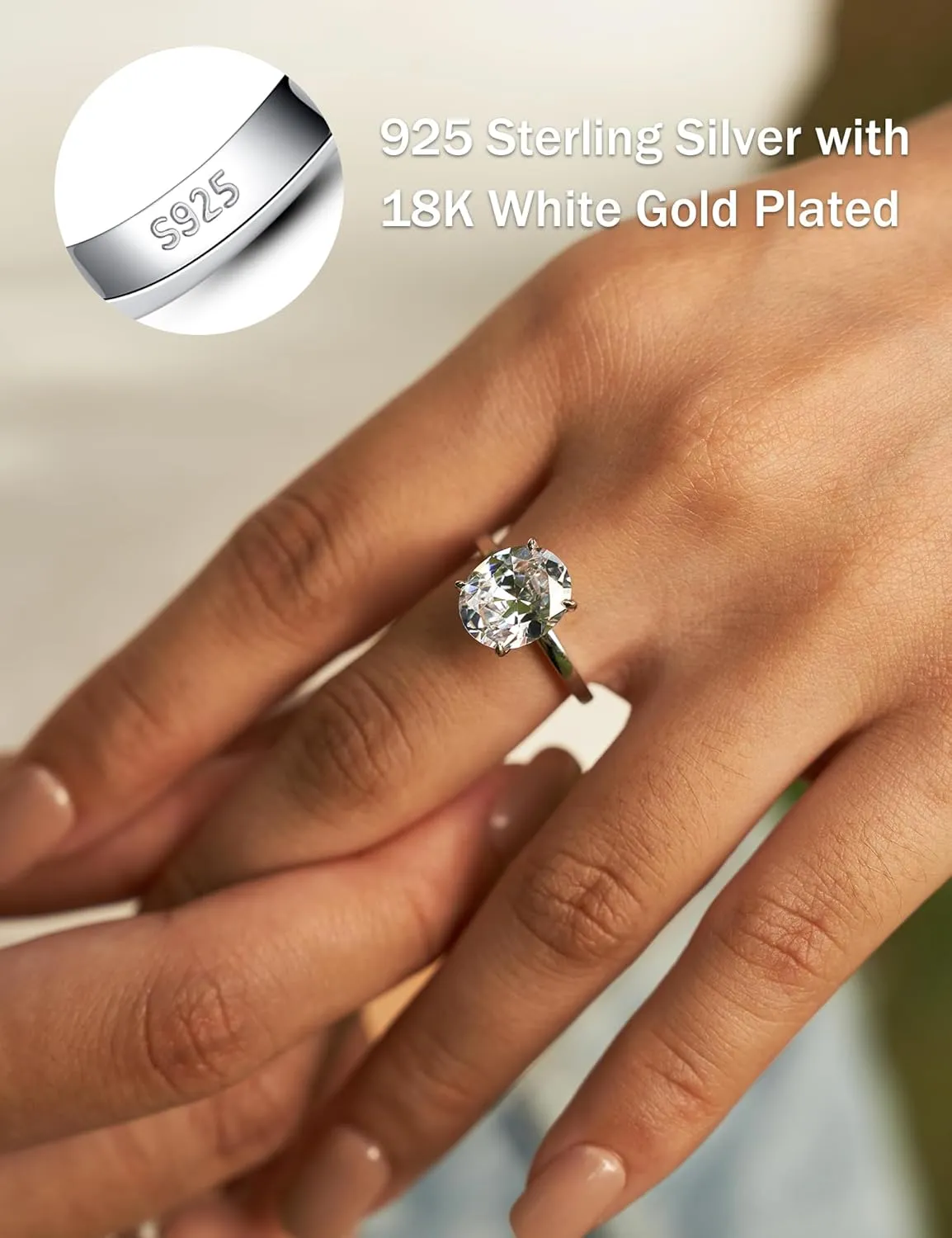 3.5CT Oval Solitaire Engagement Ring, Women's Engagement Rings, 925 Sterling Silver Fake Diamond Ring Cubic Zirconia Engagement Ring18K White Gold Plated Oval Rings for Women