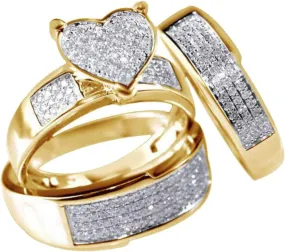 3pcs Couples Matching Rings for Women Men Yellow Gold 925 Silver Cubic Zirconia Heart Shape Bridal Ring Set