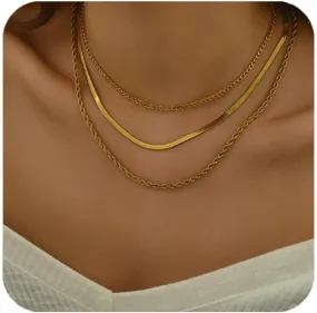 3PCS Gold Necklace for Women,Dainty 18k Gold Layered Necklace Herringbone Choker Necklace Adjustable Gold Chain Necklace for Women