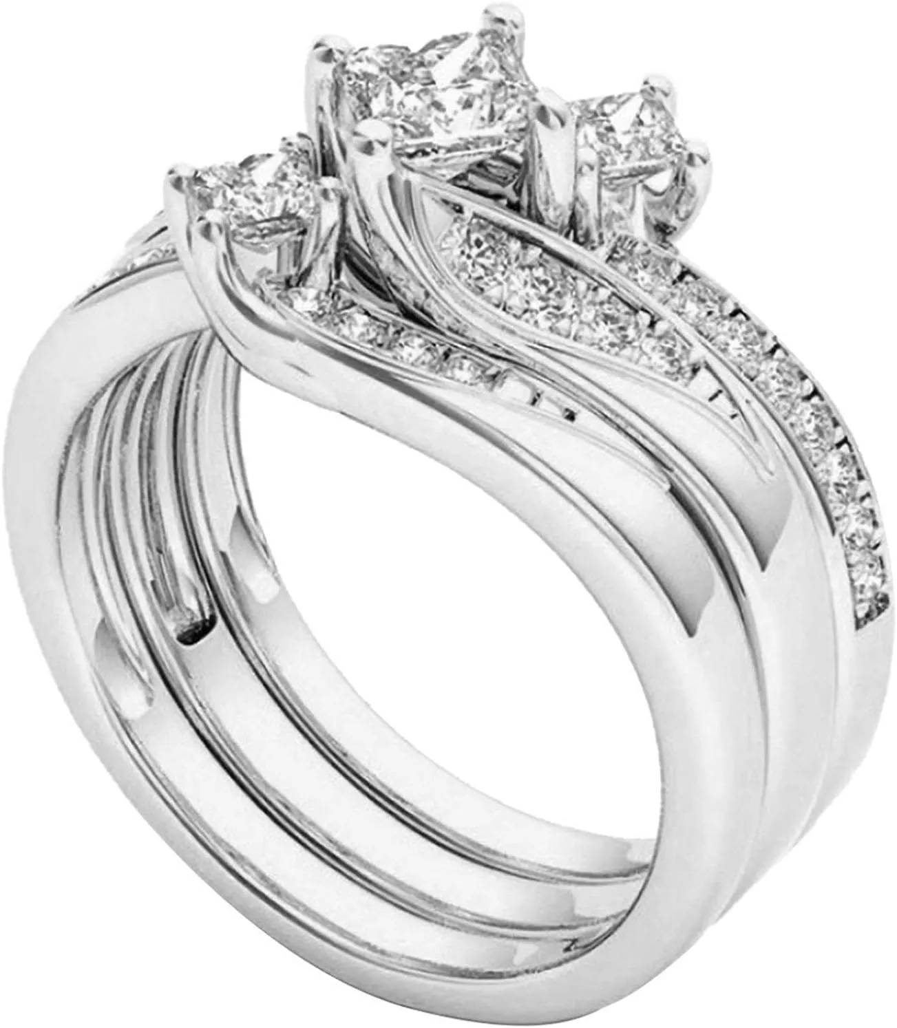 3pcs Gold Plated Chunky Stackable Ring 3 Stone Square Princess Cut Cubic Zirconia Engagement Ring Bridal Sets