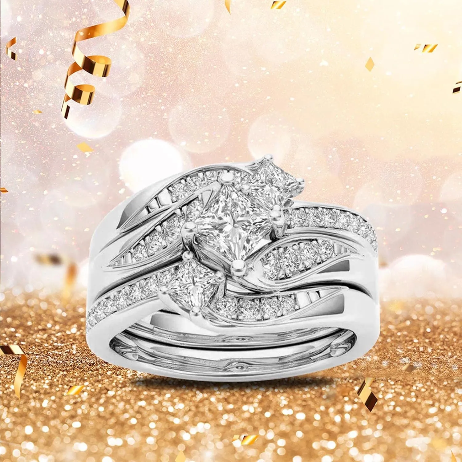 3pcs Gold Plated Chunky Stackable Ring 3 Stone Square Princess Cut Cubic Zirconia Engagement Ring Bridal Sets