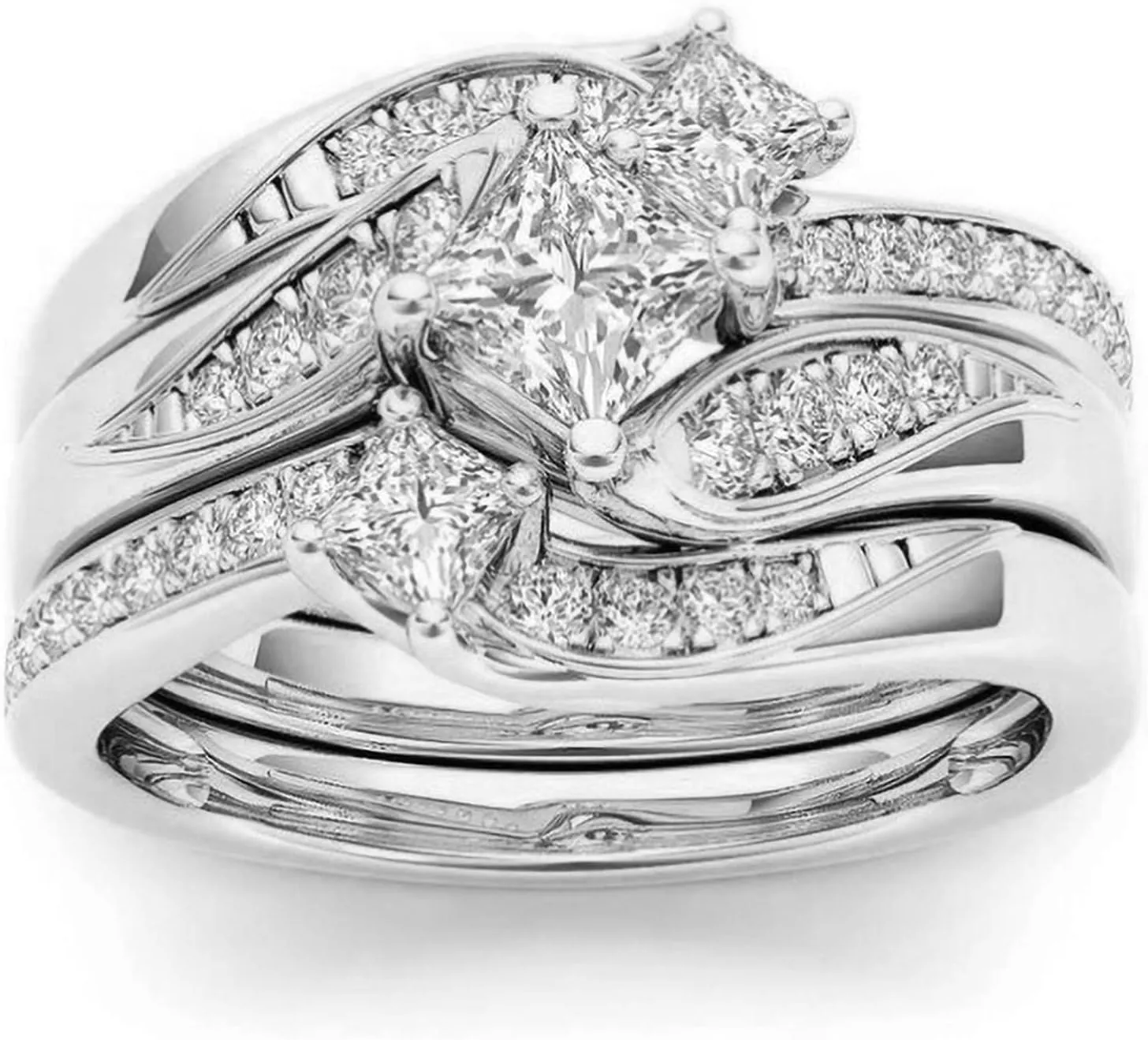 3pcs Gold Plated Chunky Stackable Ring 3 Stone Square Princess Cut Cubic Zirconia Engagement Ring Bridal Sets