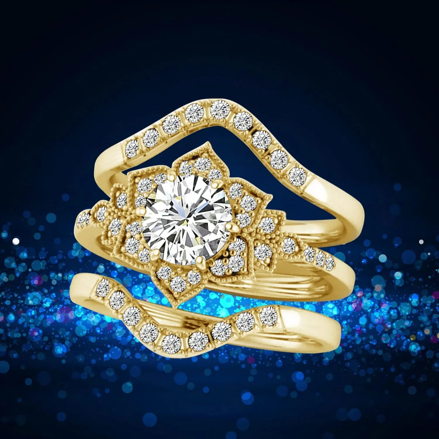 3PCs Ring Set Women's Flower Simulated Diamond Ring Inlaid Zircon Stackable Ring Anniversary Ring (Gold, 8)