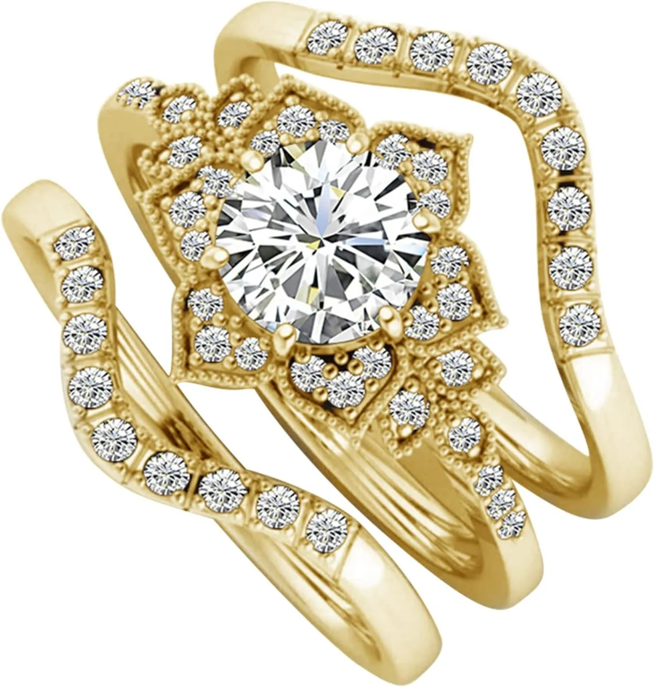 3PCs Ring Set Women's Flower Simulated Diamond Ring Inlaid Zircon Stackable Ring Anniversary Ring (Gold, 8)