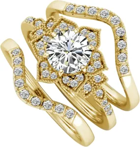 3PCs Ring Set Women's Flower Simulated Diamond Ring Inlaid Zircon Stackable Ring Anniversary Ring (Gold, 8)