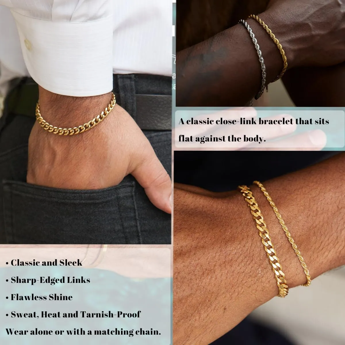3Pcs Stainless Steel Mens Bracelet,Adjustable Sturdy Silver Cuban Chain Bracelet Set for Men