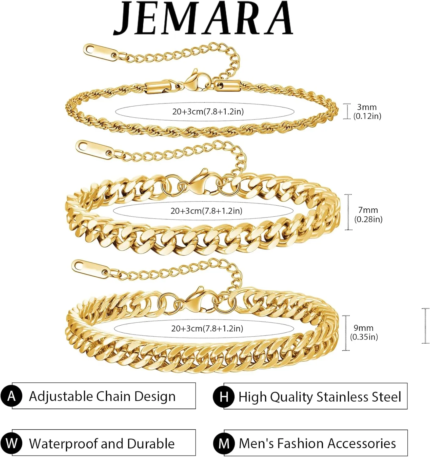 3Pcs Stainless Steel Mens Bracelet,Adjustable Sturdy Silver Cuban Chain Bracelet Set for Men