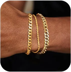 3Pcs Stainless Steel Mens Bracelet,Adjustable Sturdy Silver Cuban Chain Bracelet Set for Men