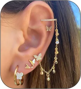 4Pcs Rhinestone Butterfly Earrings for Women,C Shape Hoop Earring Ear Cuff Clip Wrap Beaded Earrings,Non Piercing Cartilage Cuff Earrings Jewelry Gifts
