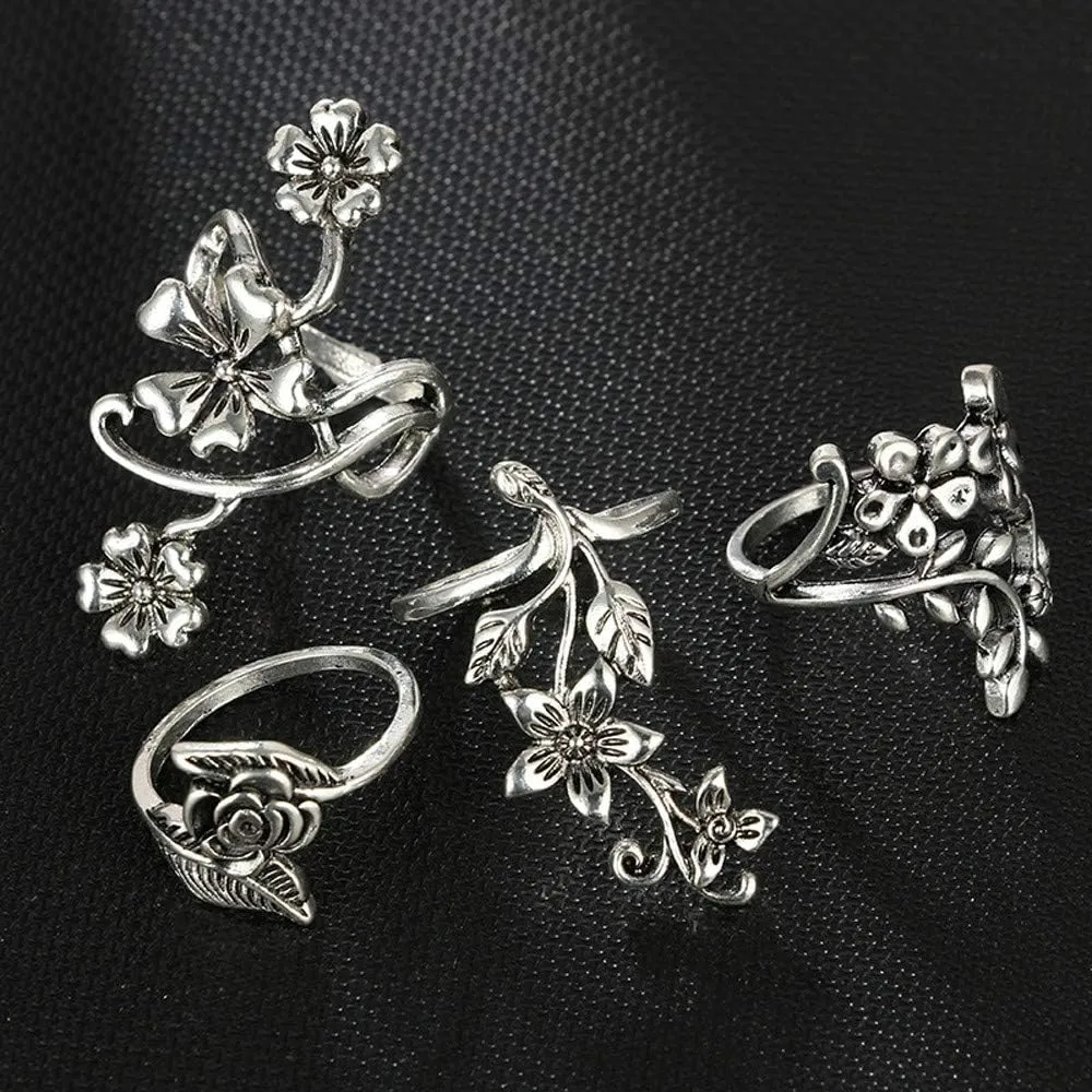 4pcs Silver Bohemian Hollow Carved Flowers Vintage Aesthetic Stackable Rings Set Jewelry for Women Teen Girls
