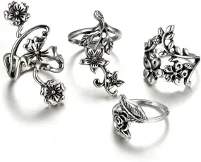 4pcs Silver Bohemian Hollow Carved Flowers Vintage Aesthetic Stackable Rings Set Jewelry for Women Teen Girls