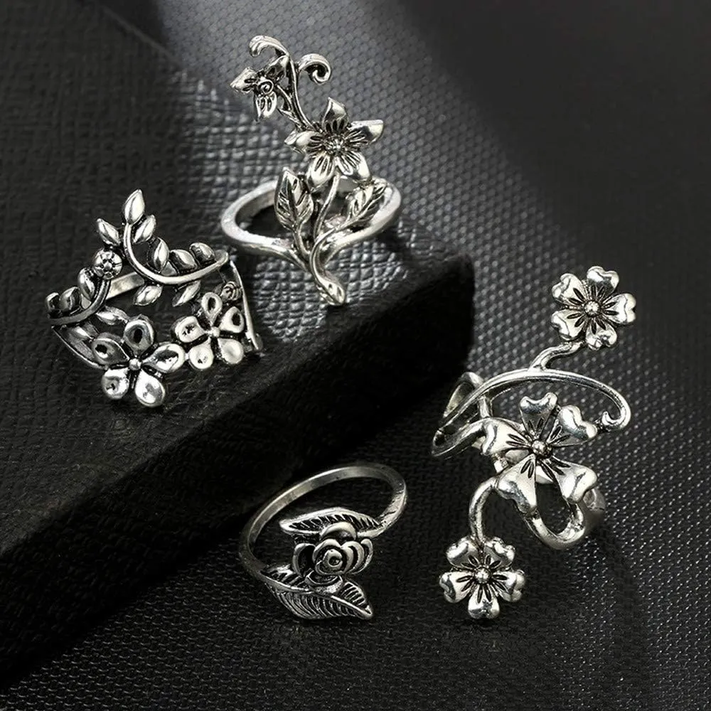 4pcs Silver Bohemian Hollow Carved Flowers Vintage Aesthetic Stackable Rings Set Jewelry for Women Teen Girls