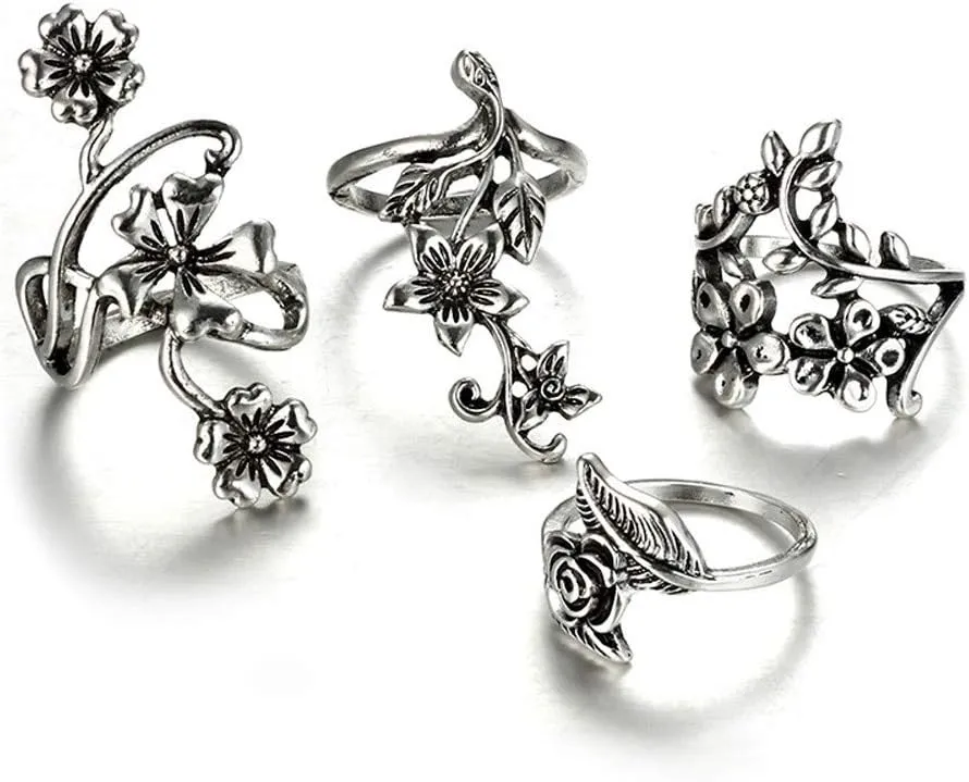 4pcs Silver Bohemian Hollow Carved Flowers Vintage Aesthetic Stackable Rings Set Jewelry for Women Teen Girls