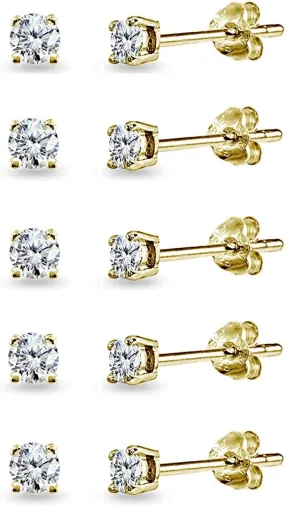 5-Pair Set Sterling Silver Cubic Zirconia 4mm Round Stud Earrings