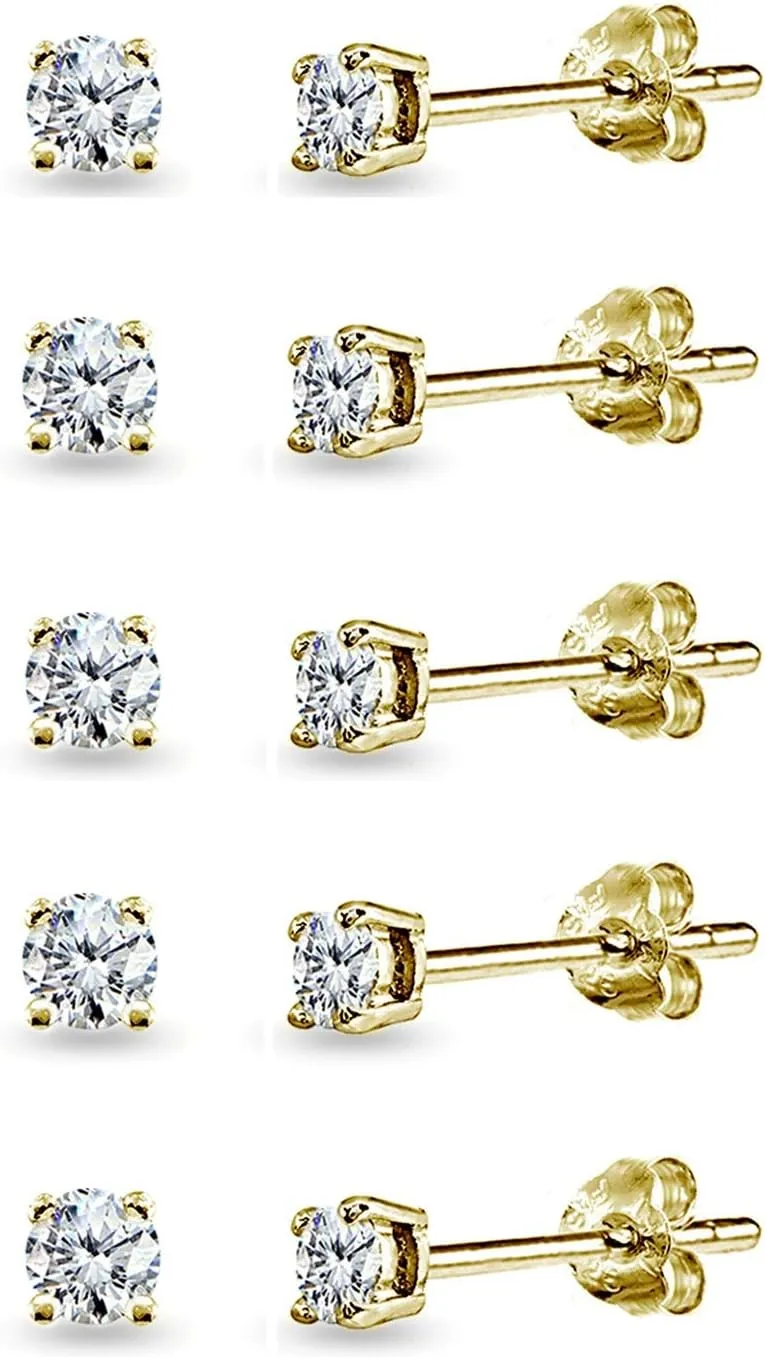 5-Pair Set Sterling Silver Cubic Zirconia 4mm Round Stud Earrings