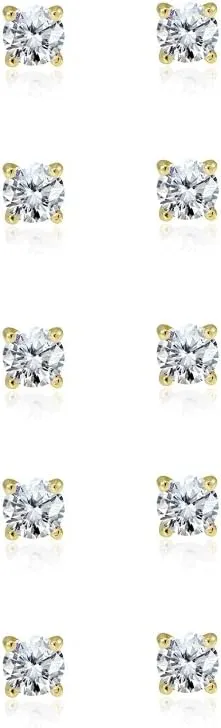 5-Pair Set Sterling Silver Cubic Zirconia 4mm Round Stud Earrings