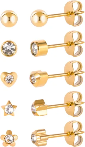 5 Pairs G23 Titanium Ear Piercing Stud Earrings for Sensitive Ears, Cubic Zirconia Stud Earrings Set for Ear Piercing Guns