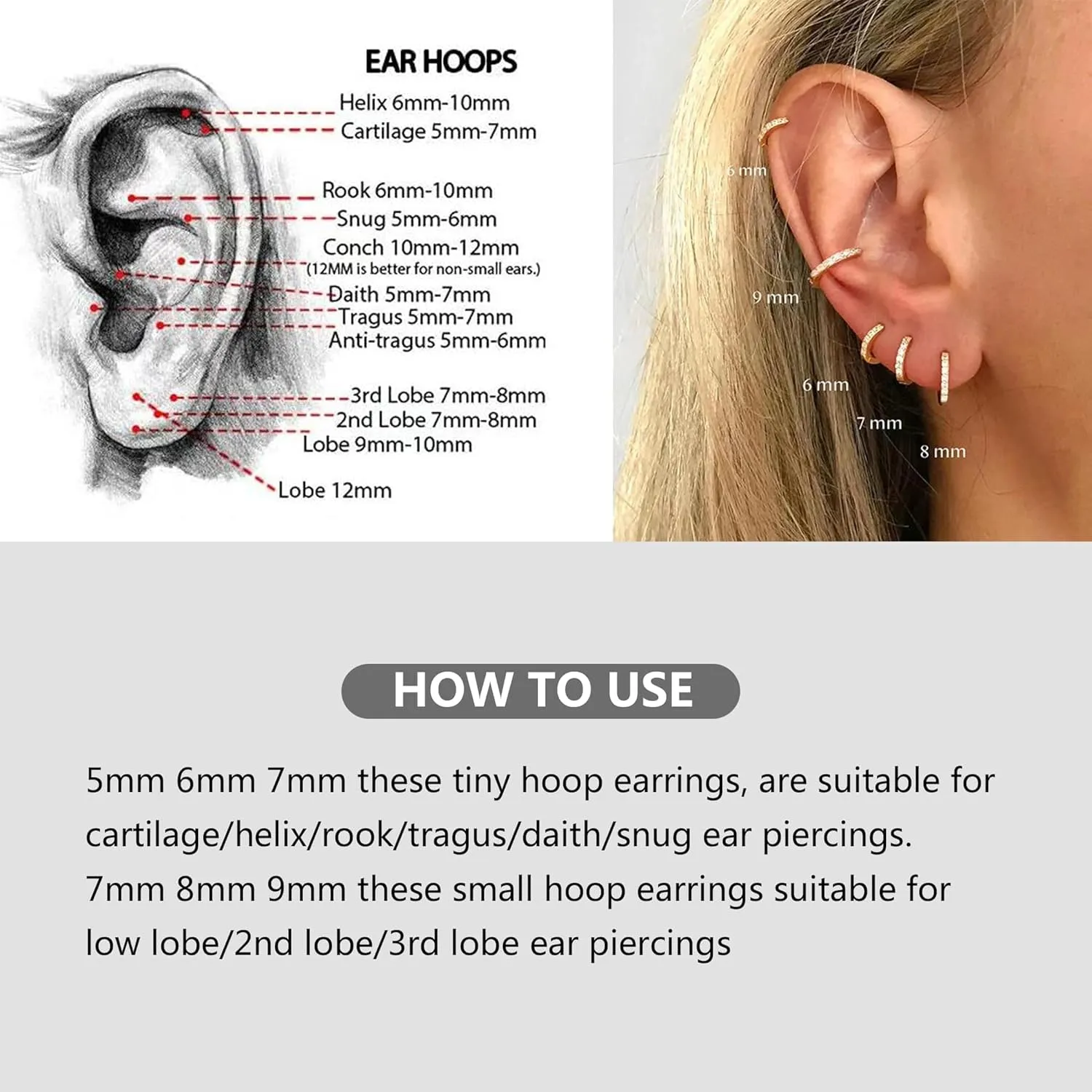 5 Pairs Tiny Huggie Hoop Earrings for Women, Lightweight Mini CZ/Cubic Zirconia Hoop Earrings Set for Women's Cartilage Helix Lobe Ear Piercings Small Hoop Earrings 5/6/7/8/9mm