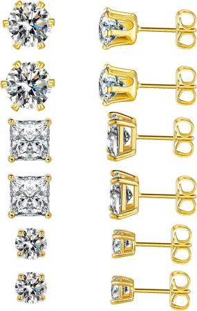 6 Pairs Stud Earrings Set,14K Gold Plated Round Square Hypoallergenic Cubic Zirconia Earrings for Women Men
