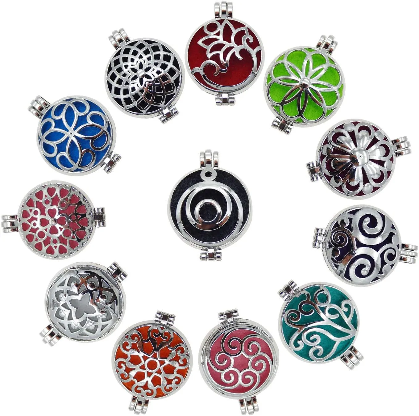 6 PCS Mixed Silver Round Aromatherapy Necklace Pendant Locket Essential Oil Diffuser Necklace Charms