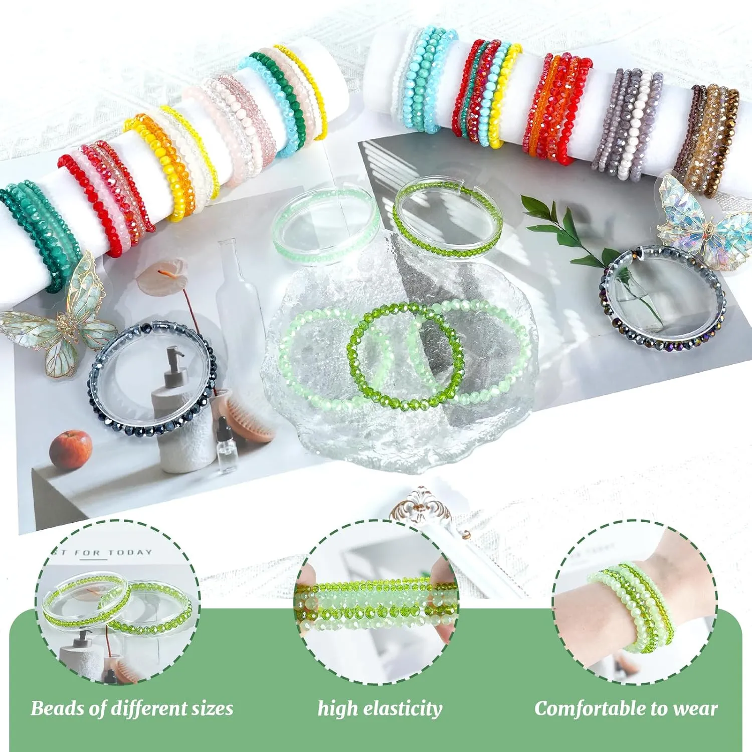 60pcs Crystal Beaded Bracelet Bulk for Women Colorful Beaded Bracelet Boho Multi Layer Stacking Bracelets Stretchy Strand Shiny Crystal Bead Bracelets
