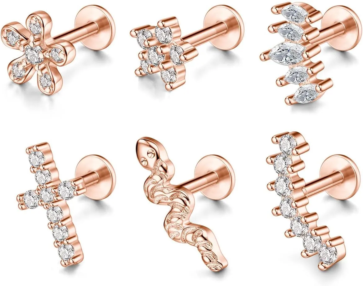 6pcs 16G Stainless Steel Helix Tragus Earrings Cartilage Earrings Cubic Zirconia Tragus Conch Helix Piercing Studs for Women Hypoallergenic Piercing Jewellery