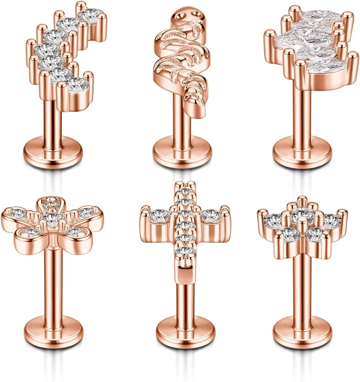 6pcs 16G Stainless Steel Helix Tragus Earrings Cartilage Earrings Cubic Zirconia Tragus Conch Helix Piercing Studs for Women Hypoallergenic Piercing Jewellery