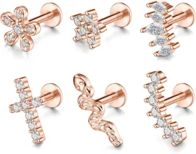 6pcs 16G Stainless Steel Helix Tragus Earrings Cartilage Earrings Cubic Zirconia Tragus Conch Helix Piercing Studs for Women Hypoallergenic Piercing Jewellery