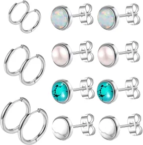 7 Pairs Titanium Earrings for Men Women Titanium Steel Stud Earrings for Sensitive Ears Opal Cubic Zirconia Hypoallergenic Surgical Steel Cartilage Earrings Hoop 20G Flat Back Stud Earrings Multiple Piercing Jewelry 