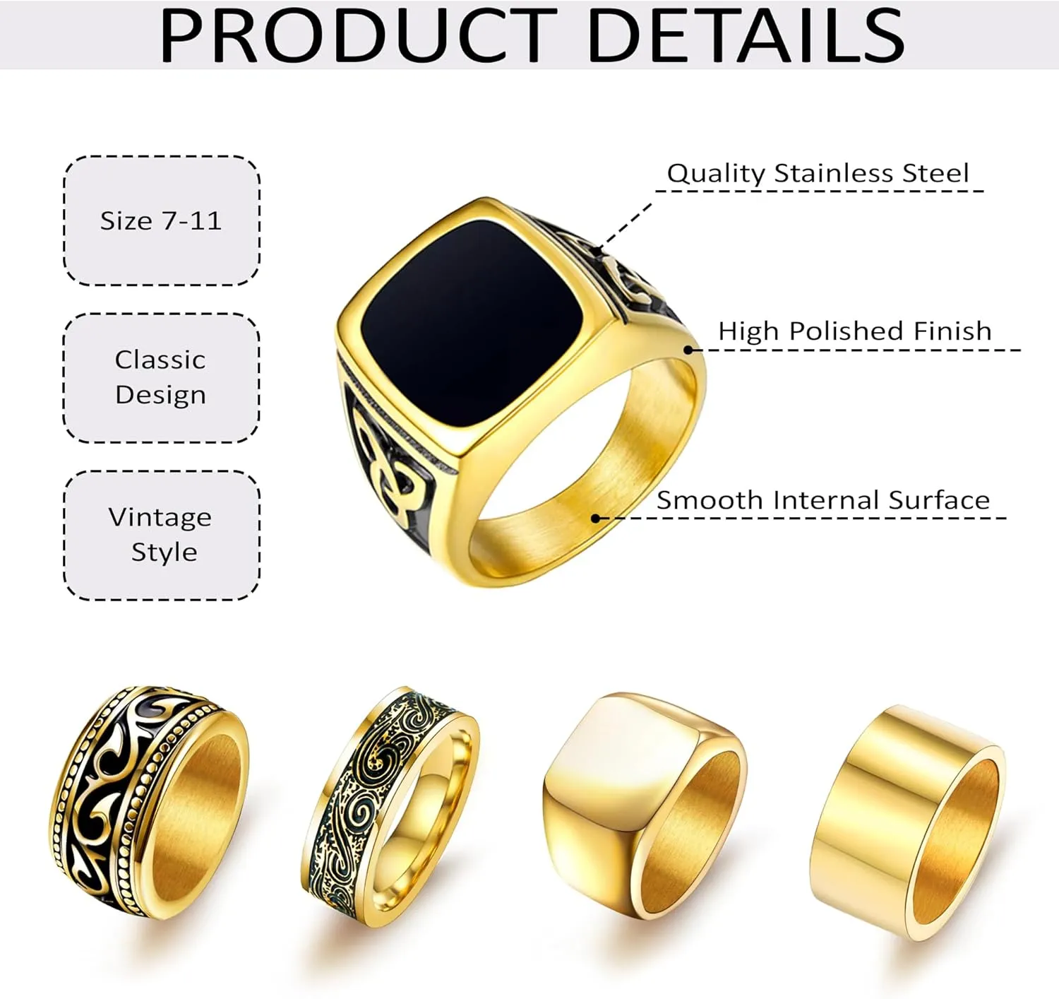 9 Pcs Men's Stainless Steel Vintage Signet Ring Set: Square, Pinky, Thumb, Chunky, Thin Band, Cuban Link, Biker Rings for Men