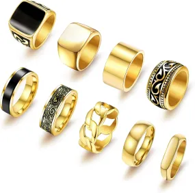 9 Pcs Men's Stainless Steel Vintage Signet Ring Set: Square, Pinky, Thumb, Chunky, Thin Band, Cuban Link, Biker Rings for Men