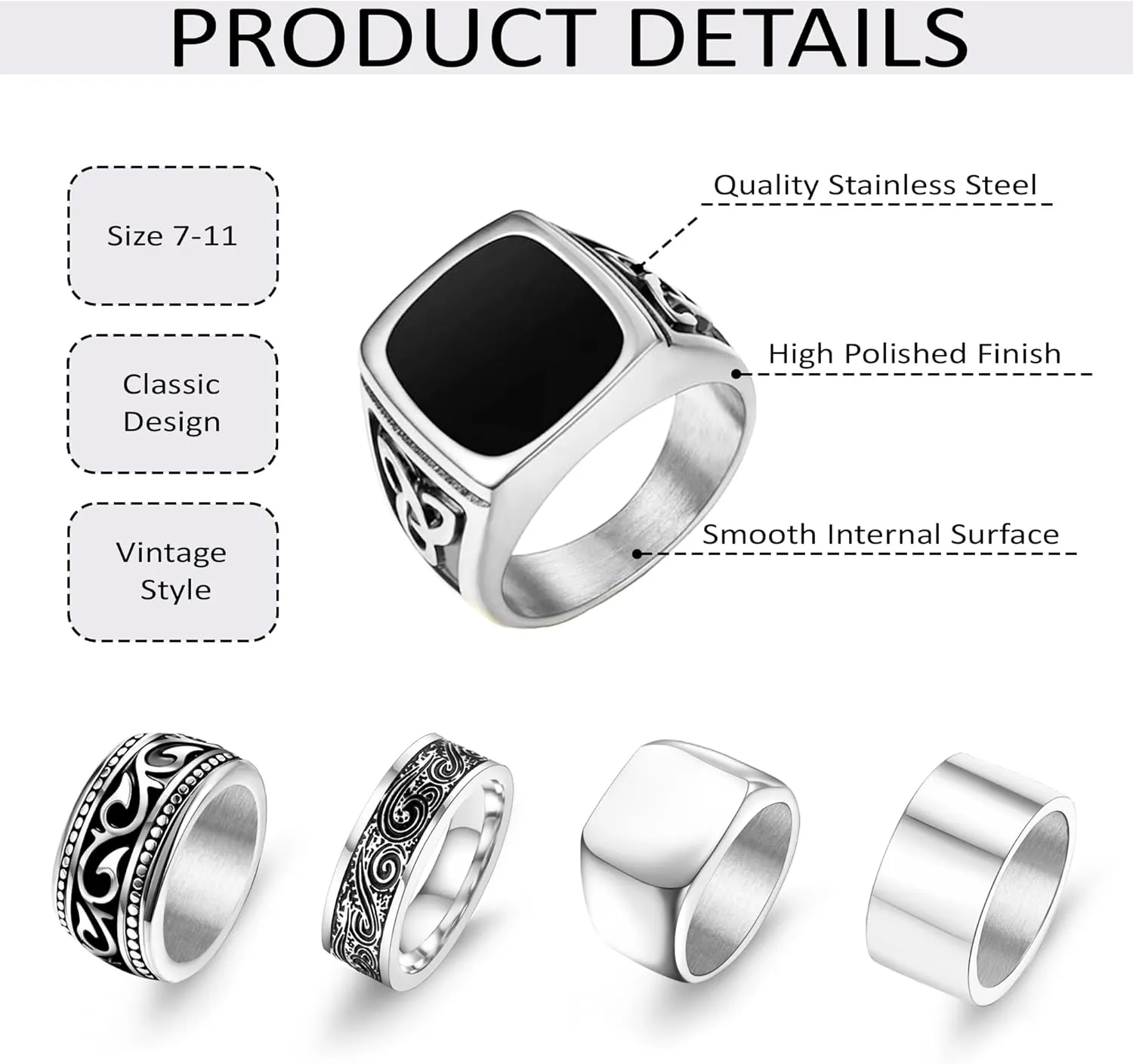 9 Pcs Men's Stainless Steel Vintage Signet Ring Set: Square, Pinky, Thumb, Chunky, Thin Band, Cuban Link, Biker Rings for Men