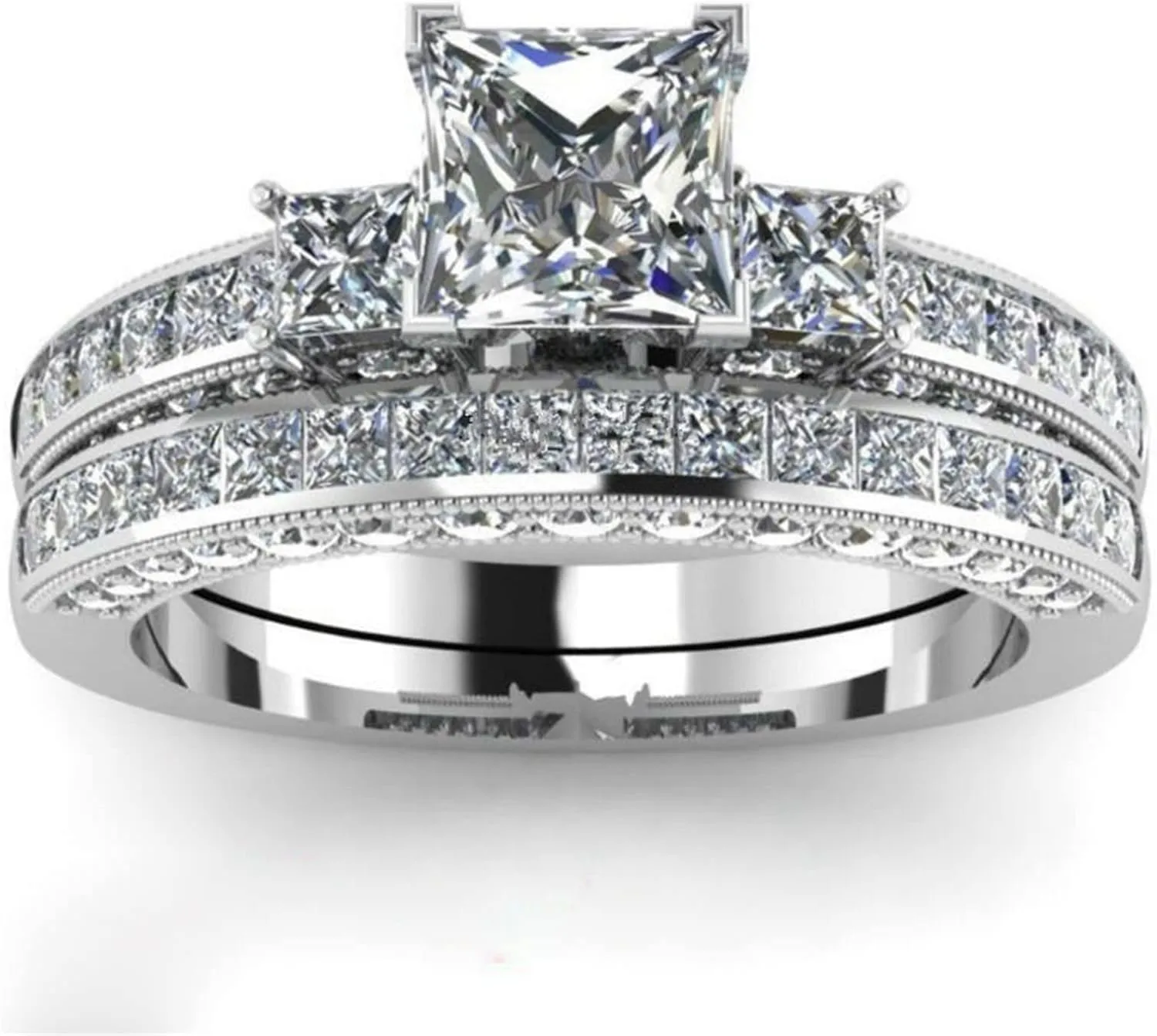 925 Silver 3 Stones Ring, Cushion Cut Solitaire Cubic Zirconia CZ 2pc Bridal/Wedding Ring Band Stackable Ring Set