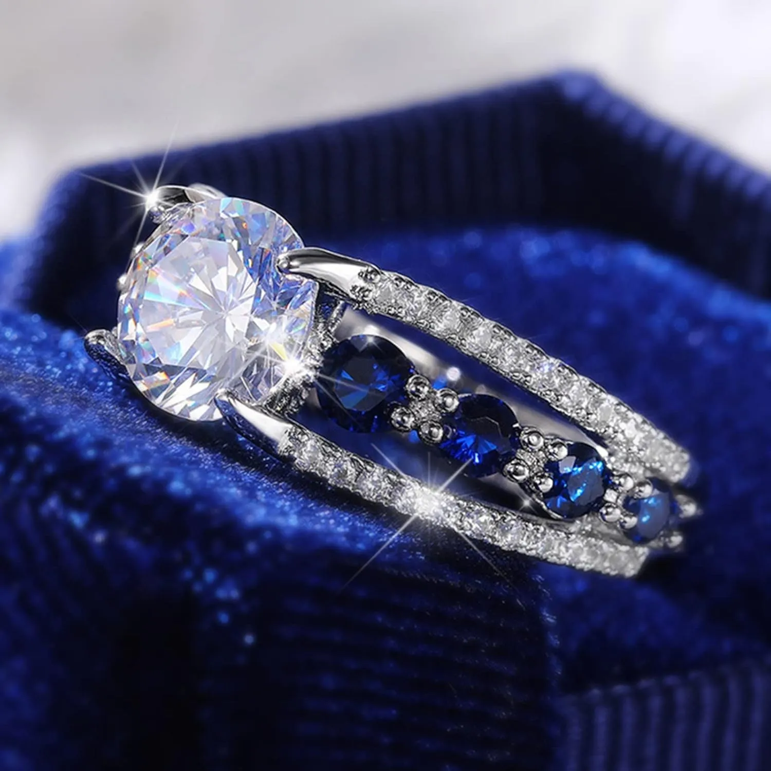 925 Silver Cubic Zirconia Stack Band Engagement Bridal Ring Set for Her Round CZ Solitaire Wedding Ring for Women