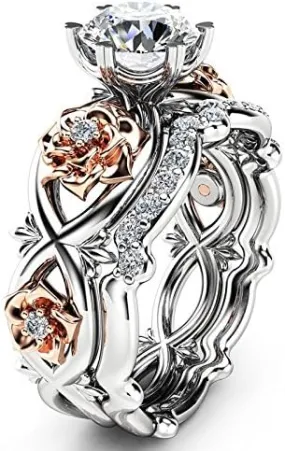 925 Silver Rose Flower Gold Plated Vintage Engagement Wedding Ring Set for Women Round Cubic Zirconia Bridal Ring