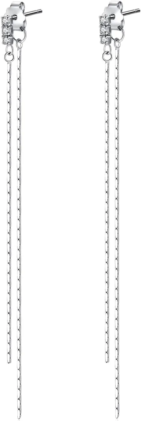925 Sterling Silver Dangle Earrings with Clear Cubic Zirconia Front Back Long Chain Earring for Women Girls