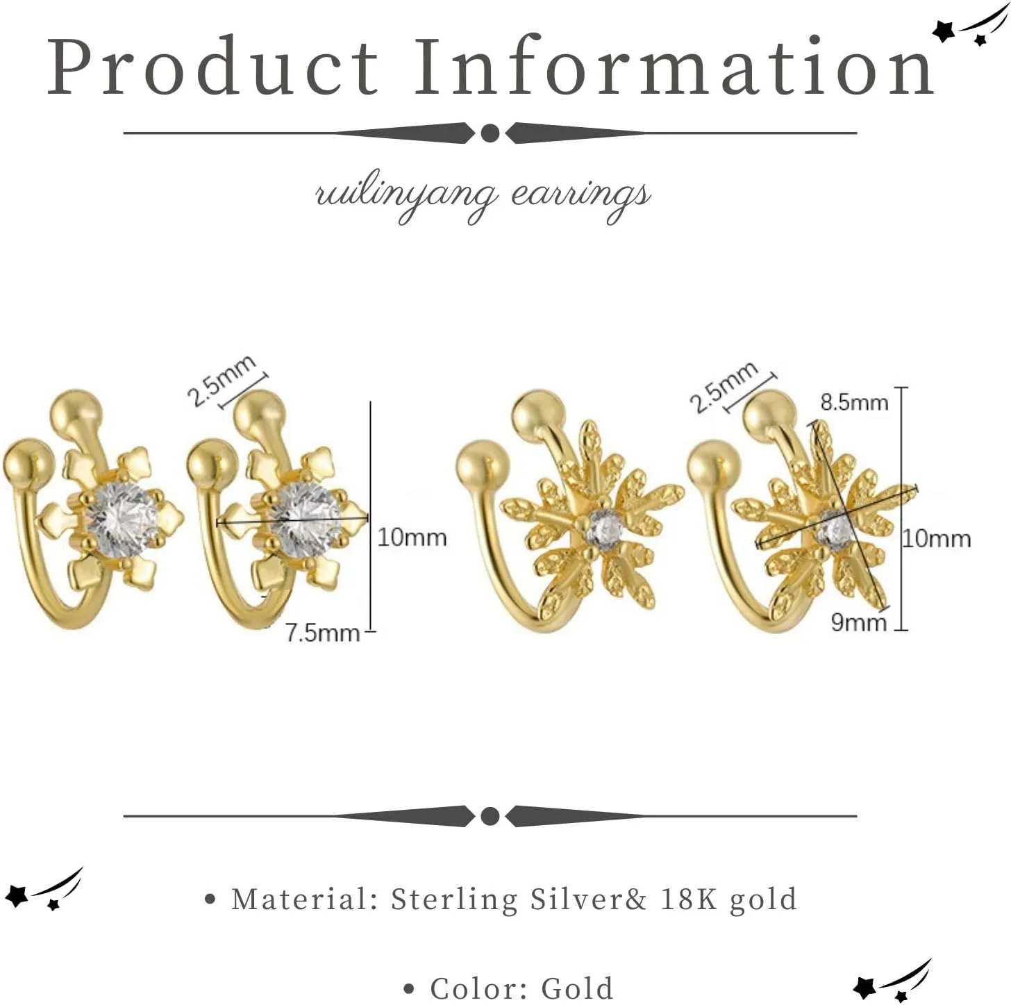 925 Sterling Silver Ear Cuff for Women, Snowflake Ear Cuffs Earrings, 18K Gold Plated Non Pierced Earring Cuff