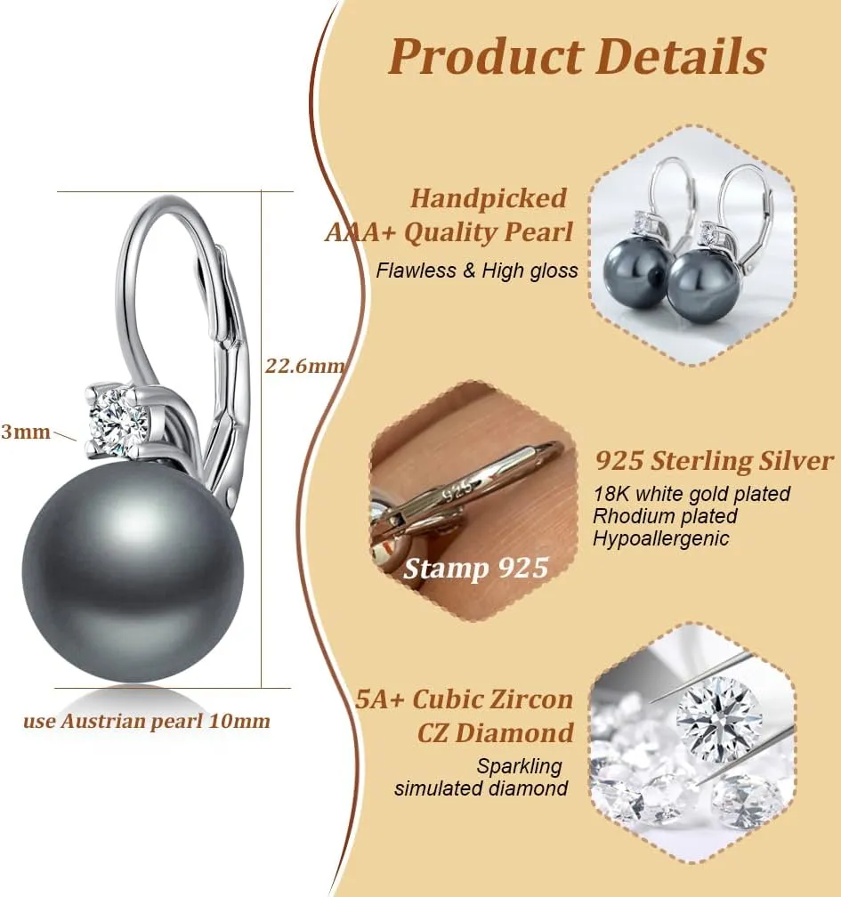 925 Sterling Silver Pearl Leverback Earrings for Women 5A  Cubic Zirconia Diamond Pearl Jewelry 10MM