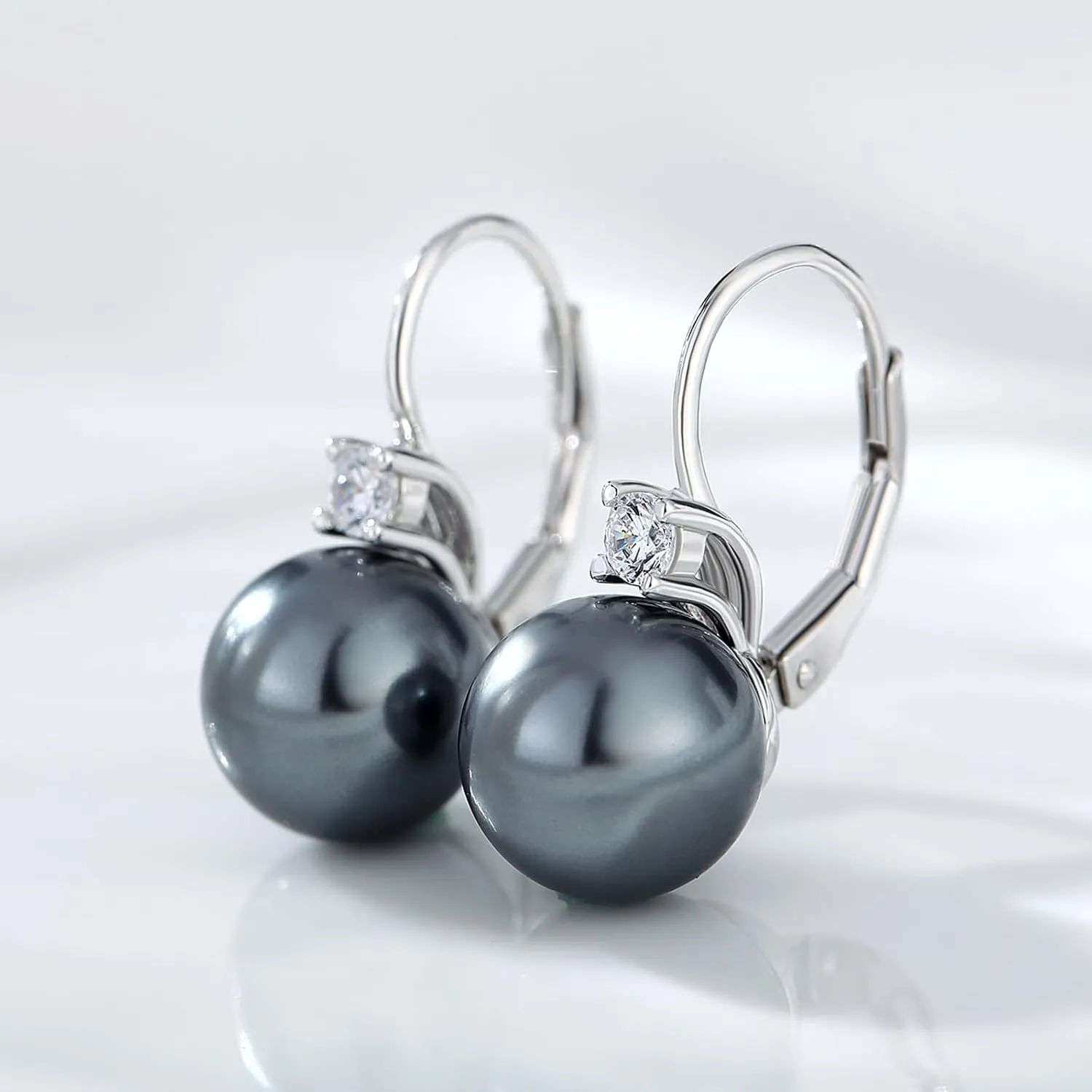 925 Sterling Silver Pearl Leverback Earrings for Women 5A  Cubic Zirconia Diamond Pearl Jewelry 10MM