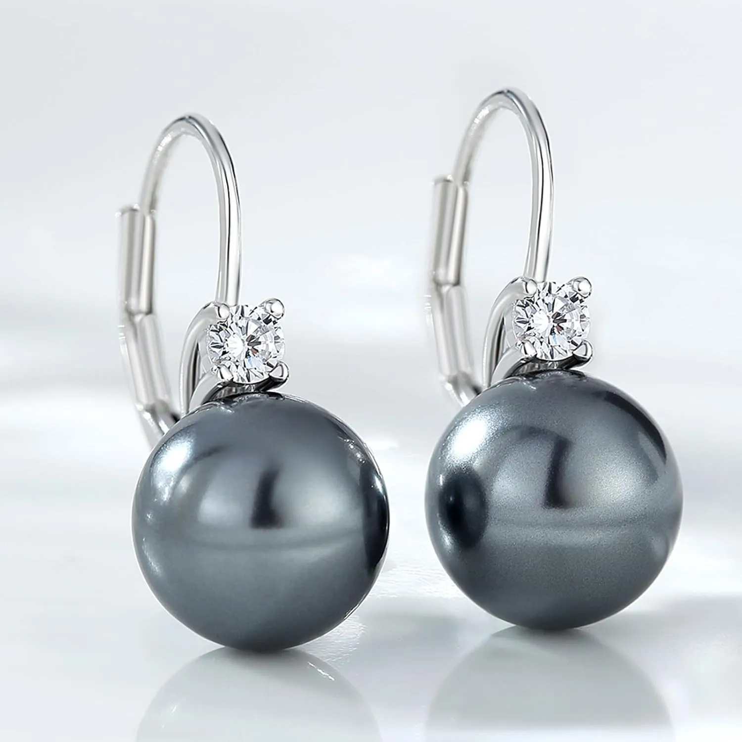925 Sterling Silver Pearl Leverback Earrings for Women 5A  Cubic Zirconia Diamond Pearl Jewelry 10MM