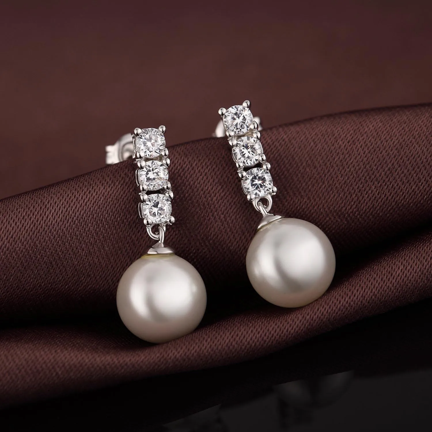 925 Sterling Silver Pearl Stud Earrings with Pearl 10MM, 3 Diamond Cubic Zirconia Pearl Diamond Earring Pearl Jewelry for Women